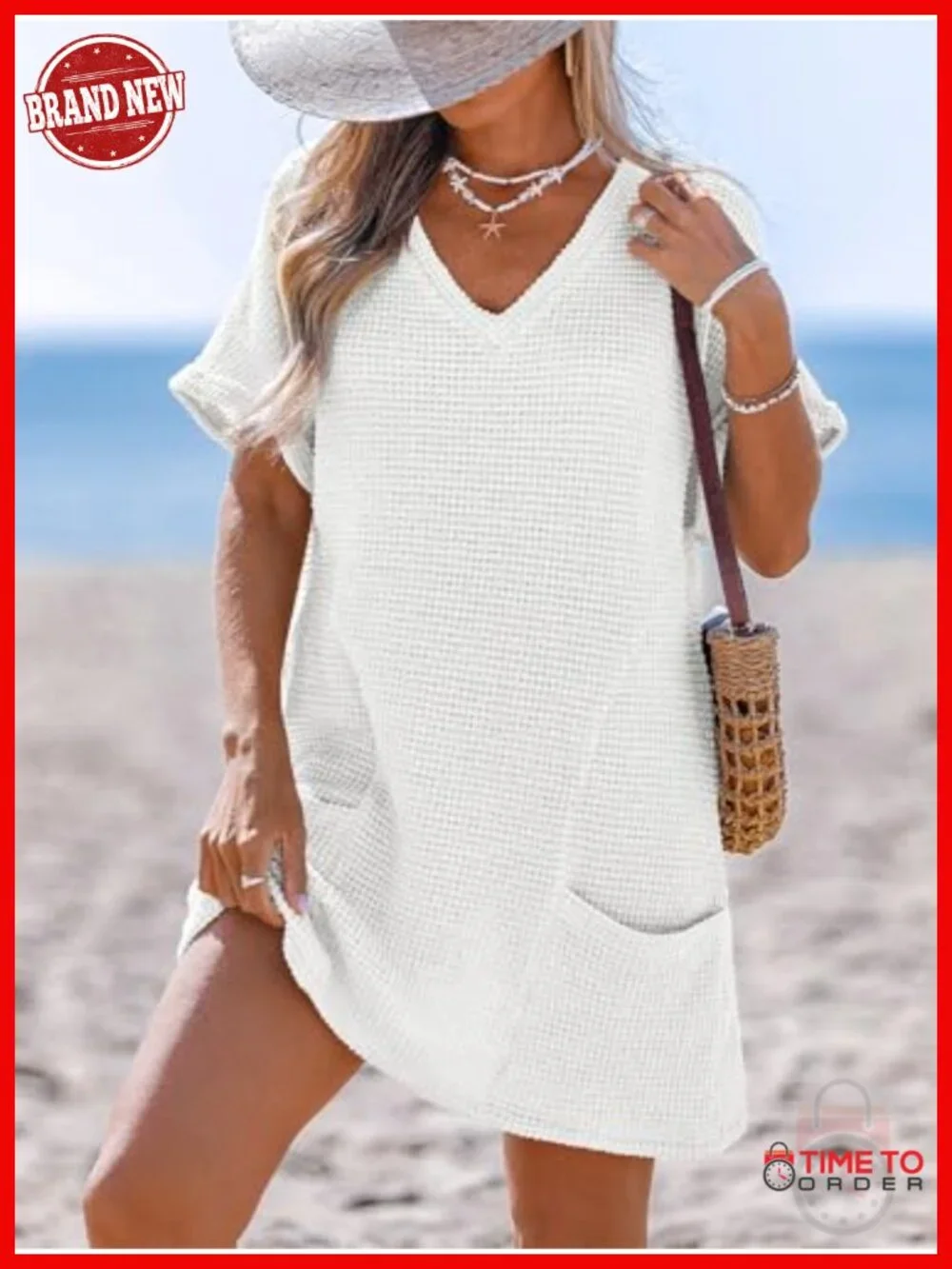 Waffle Knit V Neck Short Sleeve Beach Coverup Dress with Pockets